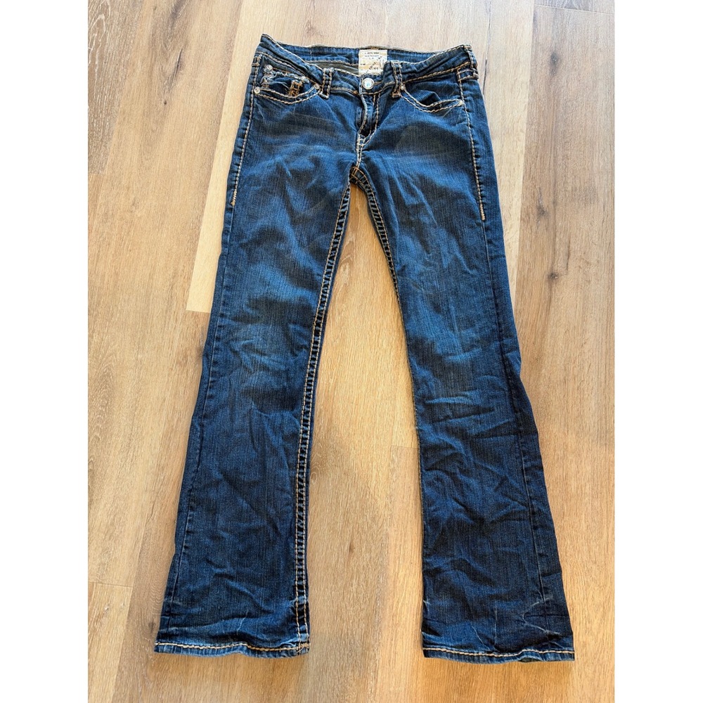 LA Idol USA Women 11 Blue Bootcut Jeans Rhinestone Flap Pocket Thick Stitch Y2K